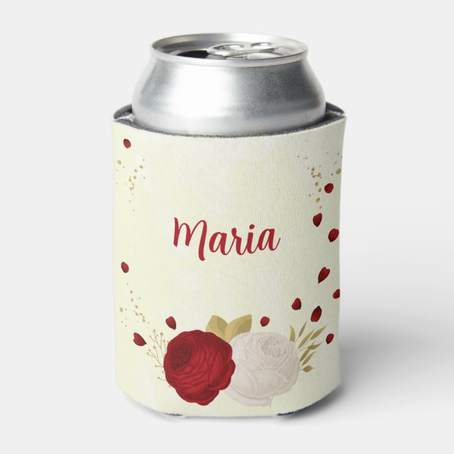 Romantic dark red & white flowers wedding can cooler (Can Front)