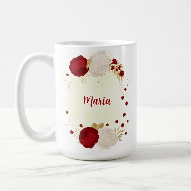 Romantic dark red & white flowers wedding coffee mug (Left)