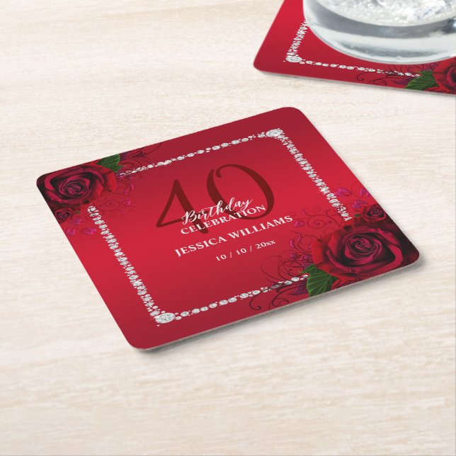 Romantic Decorative Roses Birthday Party Square Paper Coaster (Angled)