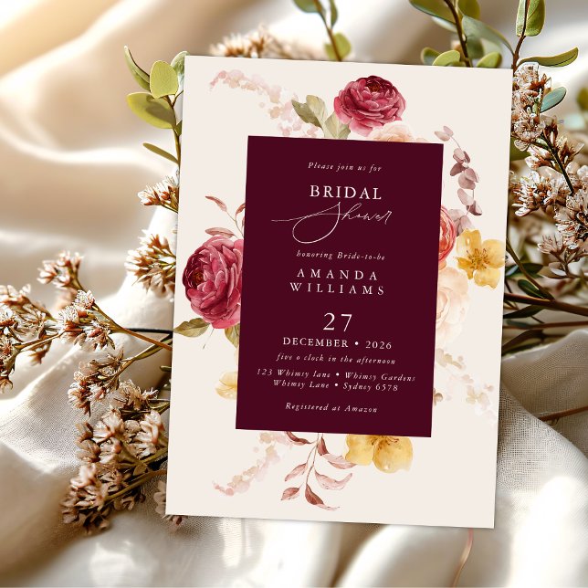 Romantic Deep Burgundy Floral Bridal Shower Invitation (Creator Uploaded)