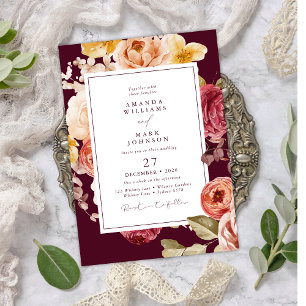 Romantic Deep Burgundy Floral Elegant Wedding  Invitation