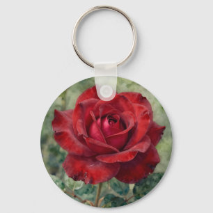 Romantic Deep Red Rose Bloom Key Ring
