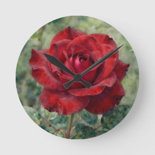 Romantic Deep Red Rose Bloom Round Clock