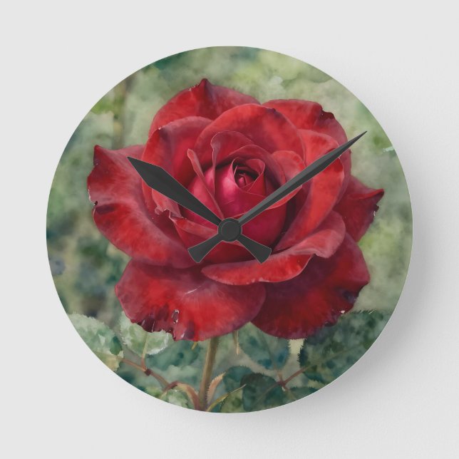 Romantic Deep Red Rose Bloom Round Clock (Front)