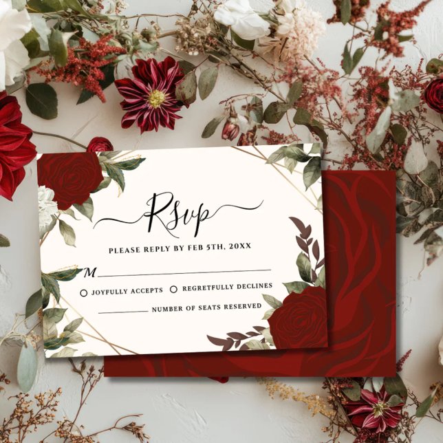 Romantic deep red rose floral Winter Wedding RSVP Card (Creator Uploaded)