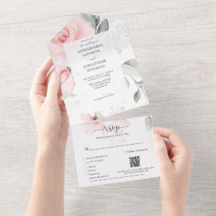 Romantic Delicate Soft Pink Roses Wedding All In One Invitation