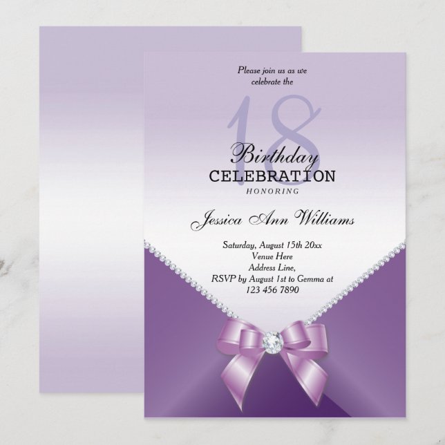 Romantic Diamonds & Bow Birthday Party Invitation (Front/Back)
