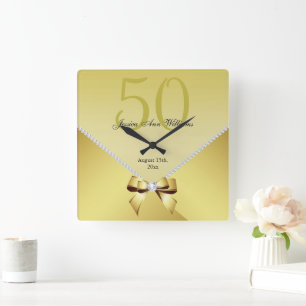 Romantic Diamonds & Gold Bow 50th Birthday Square Wall Clock