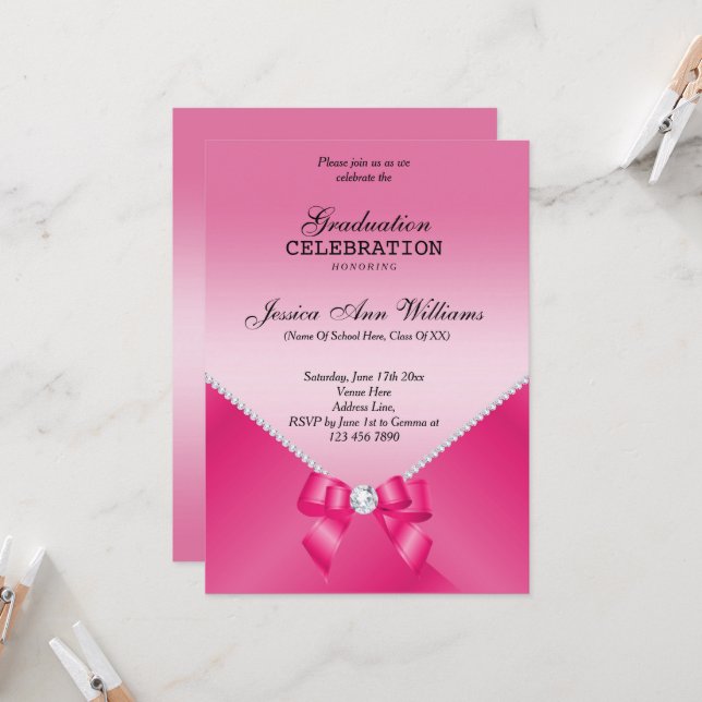 Romantic Diamonds & Pink Bow Graduation  Invitation (Front/Back In Situ)