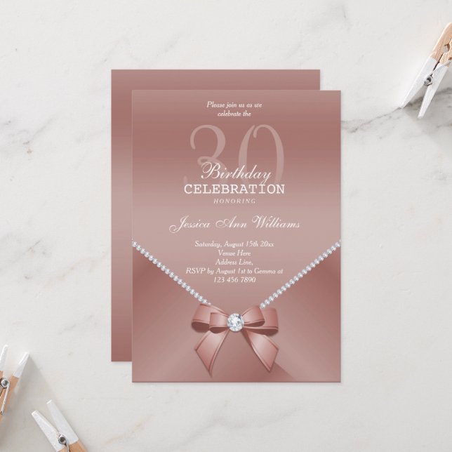 Romantic Diamonds & Rose Gold 30th Birthday  Invitation (Front/Back In Situ)