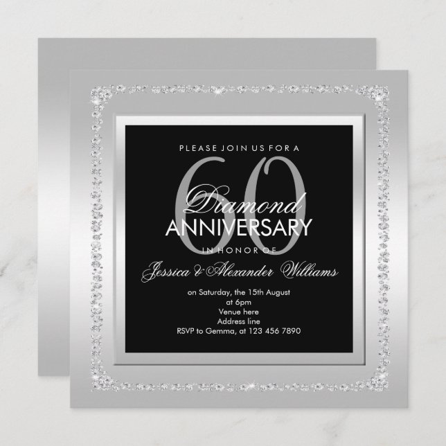 Romantic Diamonds Silver 60th Wedding Anniversary Invitation (Front/Back)