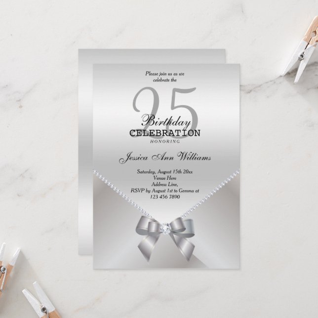 Romantic Diamonds & Silver Bow 25th Birthday Invitation (Front/Back In Situ)