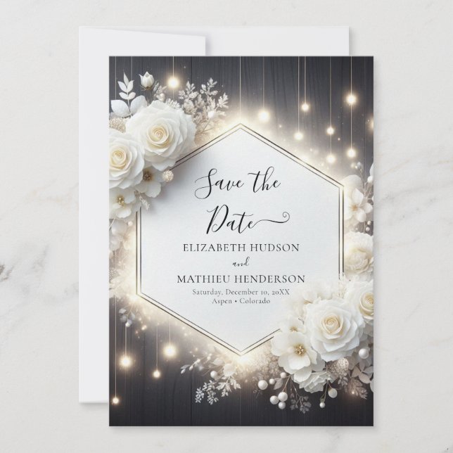 Romantic Digital White Roses Wedding Save The Date (Front)