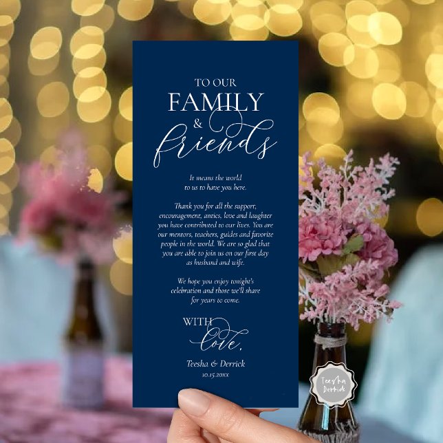 Romantic Dinner Place Setting Thank You Card (Wedding Place Setting Thank You Card, Romantic Script, Navy Blue.)