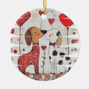Romantic Dogs with Heart Balloons Ceramic Ornament