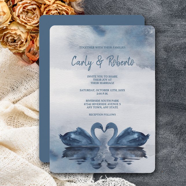 Romantic Double Blue Swan Wedding Invitation (Creator Uploaded)