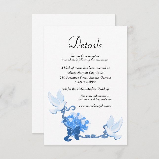 Romantic Doves And Blue Flowers Wedding Details Enclosure Card (Front/Back)