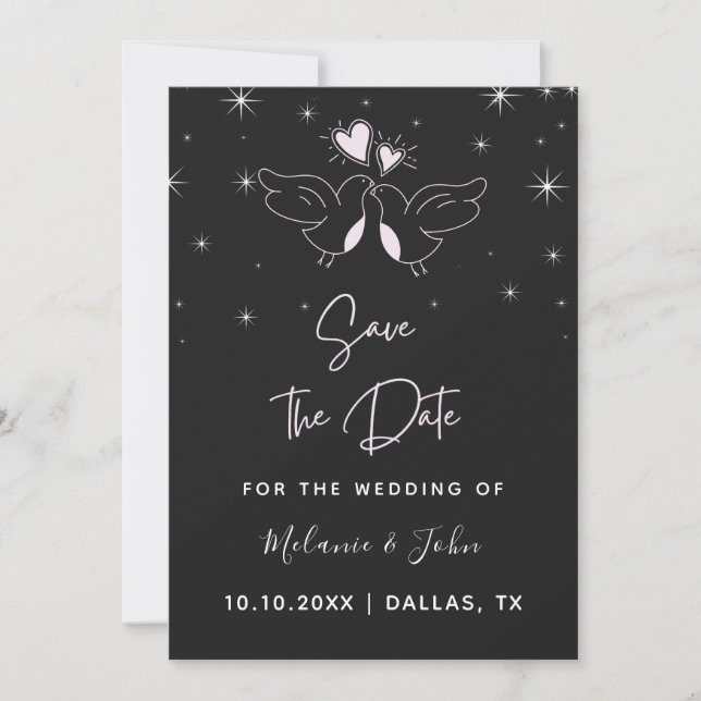Romantic Doves Bird Elegant Sparkly Black Modern   Save The Date (Front)
