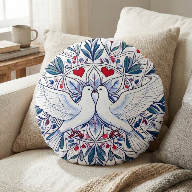 Romantic Doves & Floral Heart Mandala Round Cushion (Creator Uploaded)