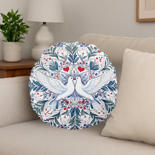 Romantic Doves & Floral Heart Mandala Round Cushion