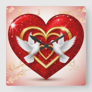 Romantic Doves Heart Love Square Wall Clock