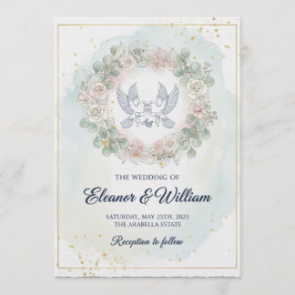 Romantic Doves  Pink Floral Watercolor Wedding Invitation