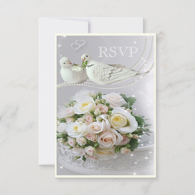 Romantic Doves, Sparkles & Roses Wedding RSVP (Front)