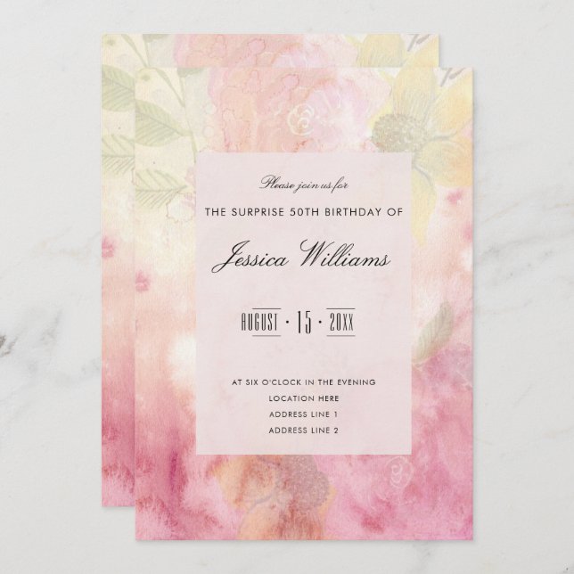 Romantic Dreamy Blossom Surprise 50th Birthday Invitation (Front/Back)