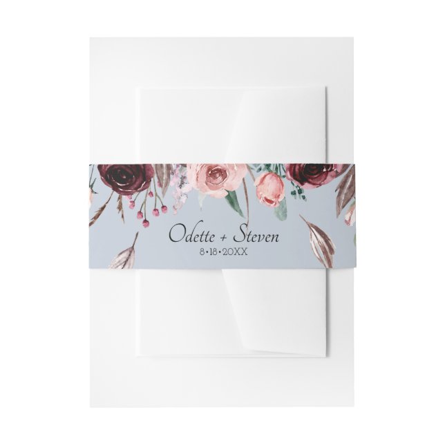 Romantic Dusty Blue and Burgundy Flowers Wedding Invitation Belly Band (Front Example)