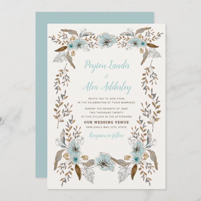 Romantic Dusty Blue Brown Boho Flowers Wedding Invitation (Front/Back)