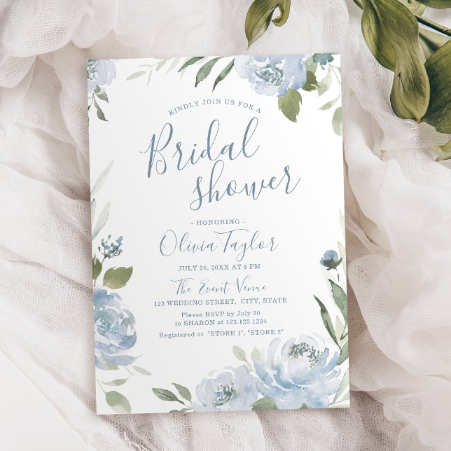 Romantic dusty blue floral Bridal Shower Invitation (Romantic dusty blue calligraphy Bridal Shower Invitation)