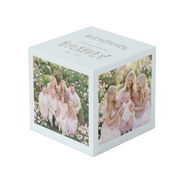 Romantic Dusty Blue Floral Family Monogram MH26 Cube (Front Angled)