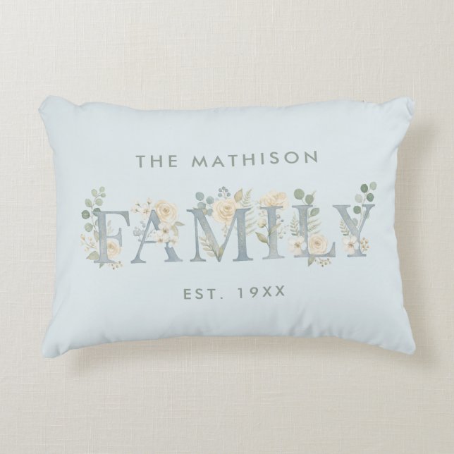 Romantic Dusty Blue Floral Family Monogram MH26 Decorative Cushion (Front)