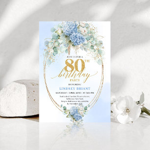 Romantic Dusty Blue Floral Gold 80th Birthday Invitation
