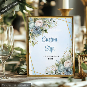 Romantic Dusty Blue Floral Gold Frame Wedding Sign