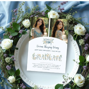 Romantic Dusty Blue Floral Grad 2 Photo Collage Announcement