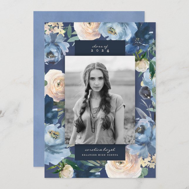 Romantic Dusty Blue Floral Graduation Photo Announcement (Front/Back)