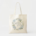Romantic dusty blue floral mother of the bride tote bag<br><div class="desc">Modern mother of the bride script with watercolor floral wreath in dusty blue and sage green,  elegant and romantic,   great personalised bridal party gifts for mother of the bride.</div>