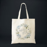 Romantic dusty blue floral mother of the bride tote bag<br><div class="desc">Modern mother of the bride script with watercolor floral wreath in dusty blue and sage green,  elegant and romantic,   great personalised bridal party gifts for mother of the bride.</div>