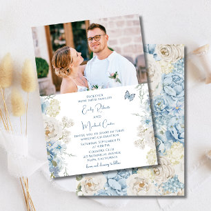 Romantic Dusty Blue Floral Photo Wedding Invitation