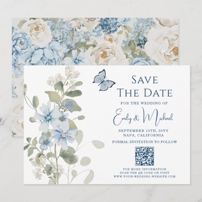 Romantic Dusty Blue Floral QR Code Wedding Save The Date (Front/Back)
