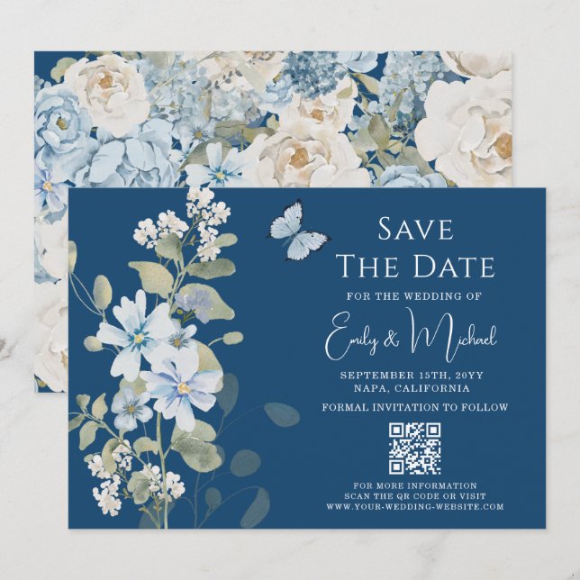 Romantic Dusty Blue Floral QR Code Wedding Save The Date (Front/Back)