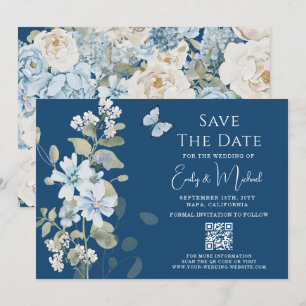 Romantic Dusty Blue Floral QR Code Wedding Save The Date