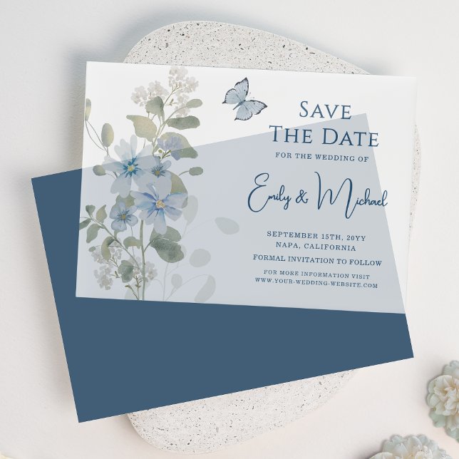 Romantic Dusty Blue Floral Save The Date Wedding Vellum Invitations (Creator Uploaded)