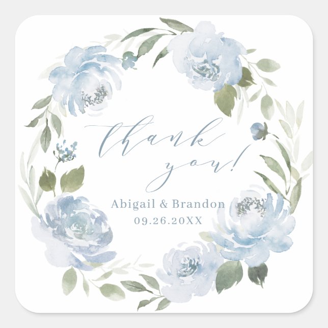 Romantic dusty blue floral thank you wedding square sticker (Front)