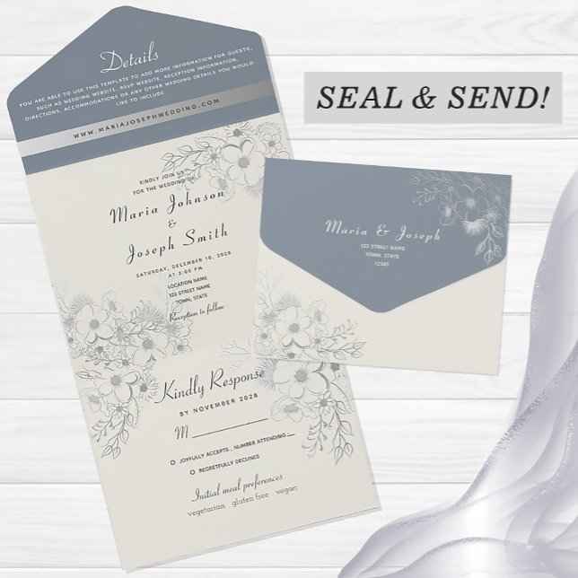 Romantic Dusty Blue Floral Wedding All In One Invitation (Creator Uploaded)