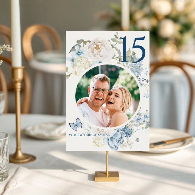 Romantic Dusty Blue Floral Wedding Photo Table Number (Creator Uploaded)