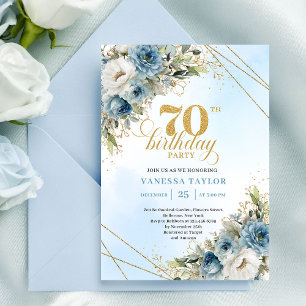 Romantic dusty blue florals gold frame 70 birthday invitation