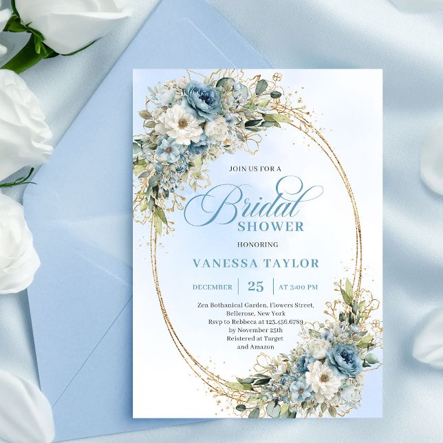 Romantic Dusty Blue Flowers Bridal Shower Invite (Romantic Dusty Blue Flowers Bridal Shower Invitation)