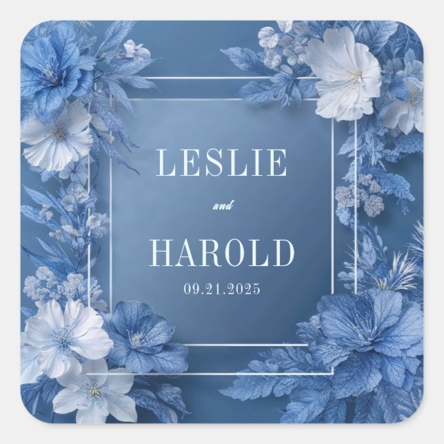 Romantic Dusty Blue Garden Blooms Wedding Square Sticker (Front)